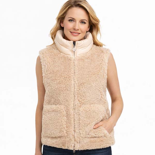 Women's Beige Quilted Teddy Shearling Vest with Cozy Layering Comfort