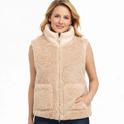Women's Beige Quilted Teddy Shearling Vest with Cozy Layering Comfort