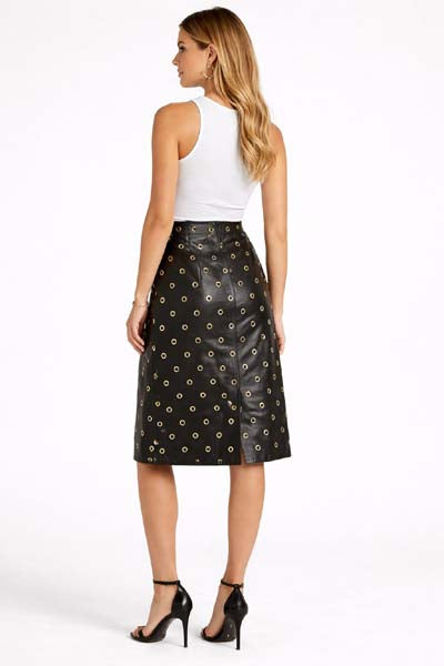 Women's Black Faux Leather Mini Skirt with Gold Grommet Detail