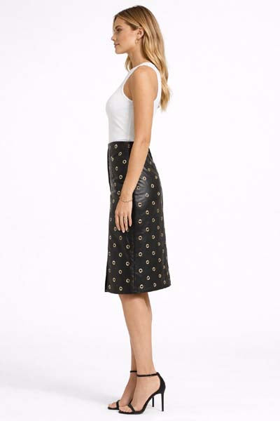 Women's Black Faux Leather Mini Skirt with Gold Grommet Detail