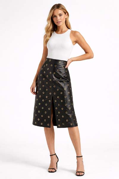 Women's Black Faux Leather Mini Skirt with Gold Grommet Detail