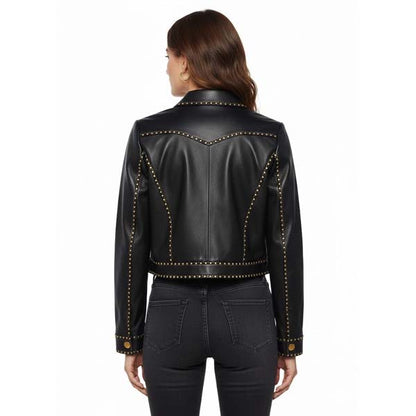 Women's Black Genuine Leather Cropped Trucker Jacket with Studded Detail