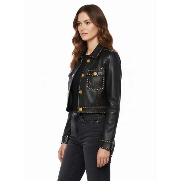 Women's Black Genuine Leather Cropped Trucker Jacket with Studded Detail