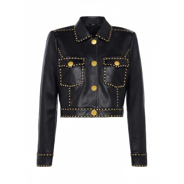 Women's Black Genuine Leather Cropped Trucker Jacket with Studded Detail