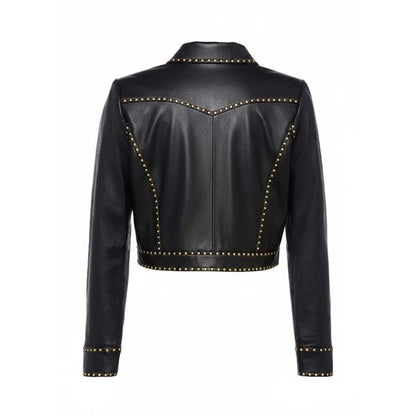 Women's Black Genuine Leather Cropped Trucker Jacket with Studded Detail