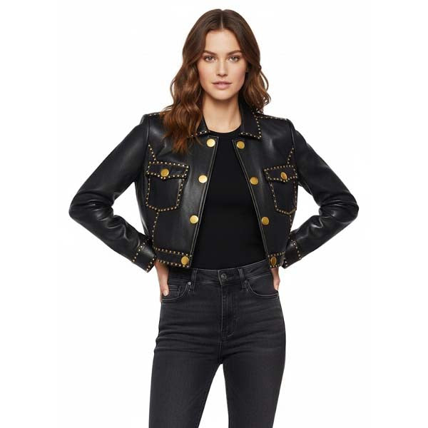 Women's Black Genuine Leather Cropped Trucker Jacket with Studded Detail