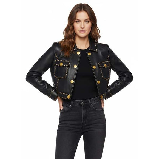 Women's Black Genuine Leather Cropped Trucker Jacket with Studded Detail