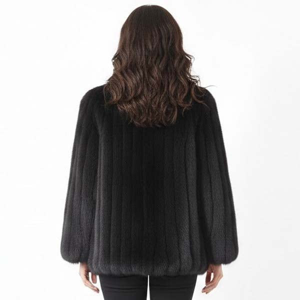 Women's Black Genuine Ranch Mink Fur Jacket with Wing Collar