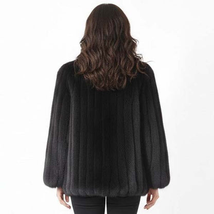Women's Black Genuine Ranch Mink Fur Jacket with Wing Collar