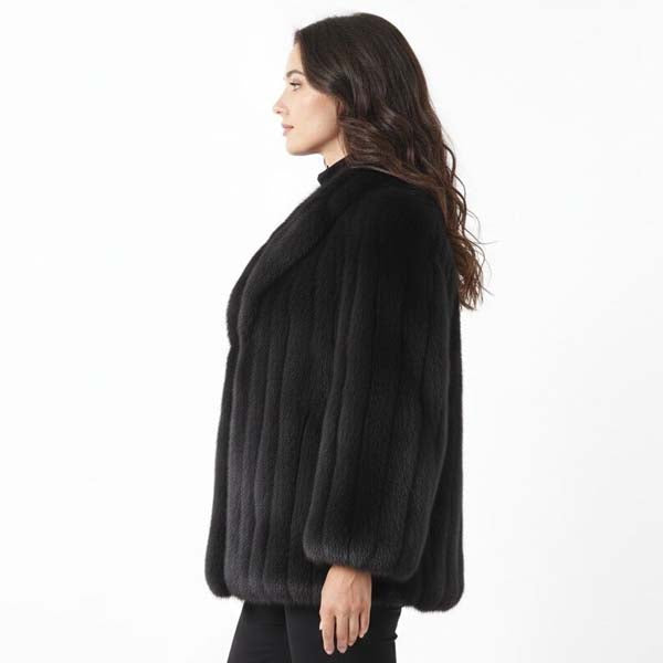 Women's Black Genuine Ranch Mink Fur Jacket with Wing Collar