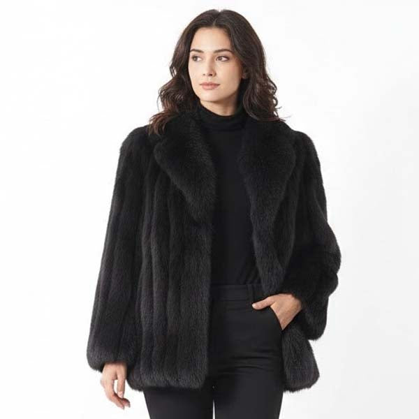 Women's Black Genuine Ranch Mink Fur Jacket with Wing Collar