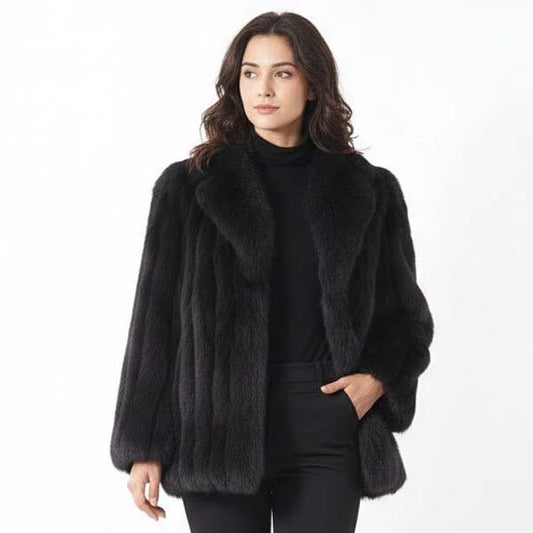 Women's Black Genuine Ranch Mink Fur Jacket with Wing Collar