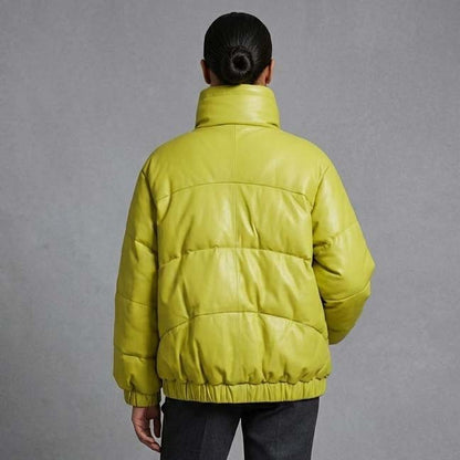 Women's Lemon Yellow Quilted Leather Puffer Coat with Stand Collar