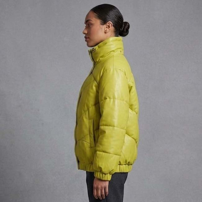 Women's Lemon Yellow Quilted Leather Puffer Coat with Stand Collar