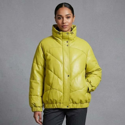 Women's Lemon Yellow Quilted Leather Puffer Coat with Stand Collar