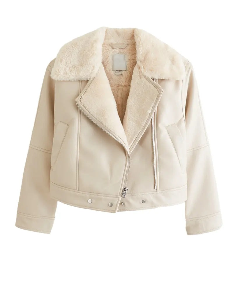 Women’s Beige Shearling Leather Jacket – Elegant Winter Outerwear 