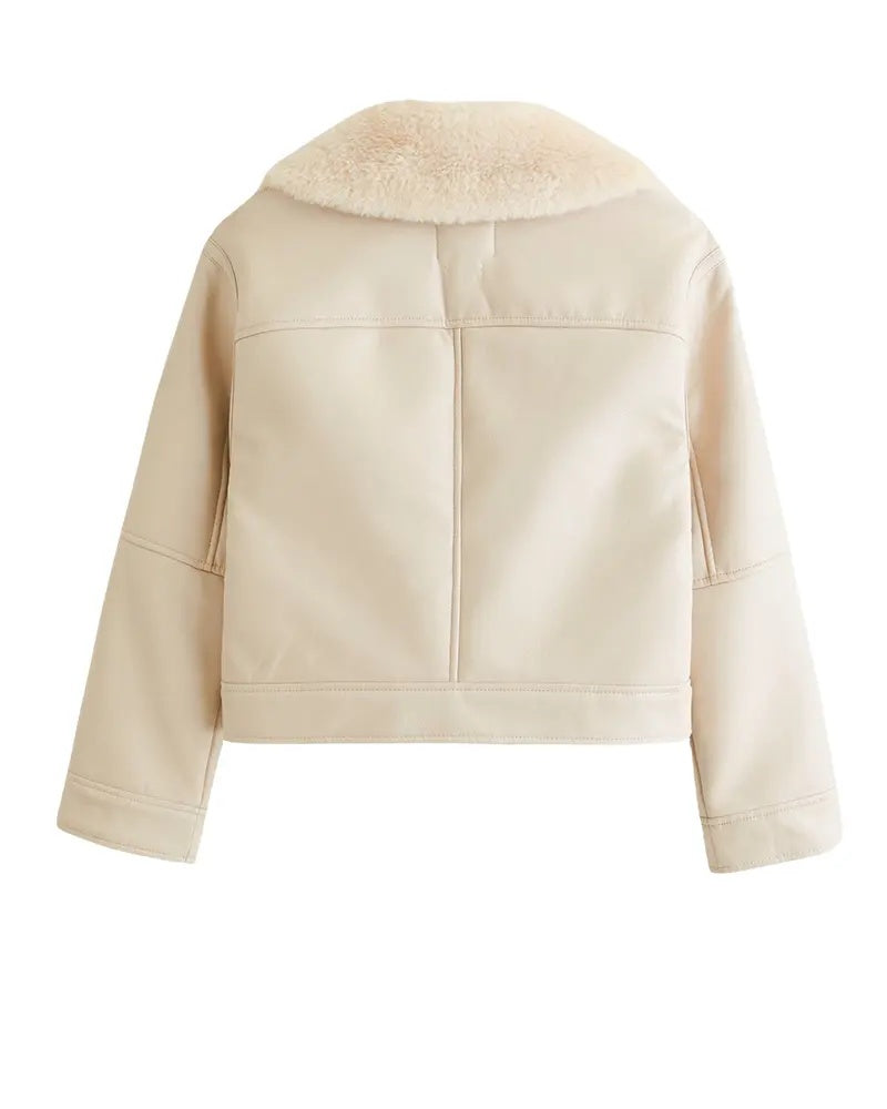 Women’s Beige Shearling Leather Jacket – Elegant Winter Outerwear 