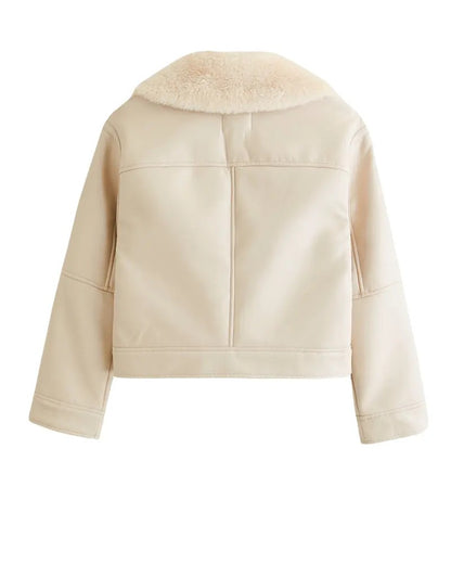 Women’s Beige Shearling Leather Jacket – Elegant Winter Outerwear 