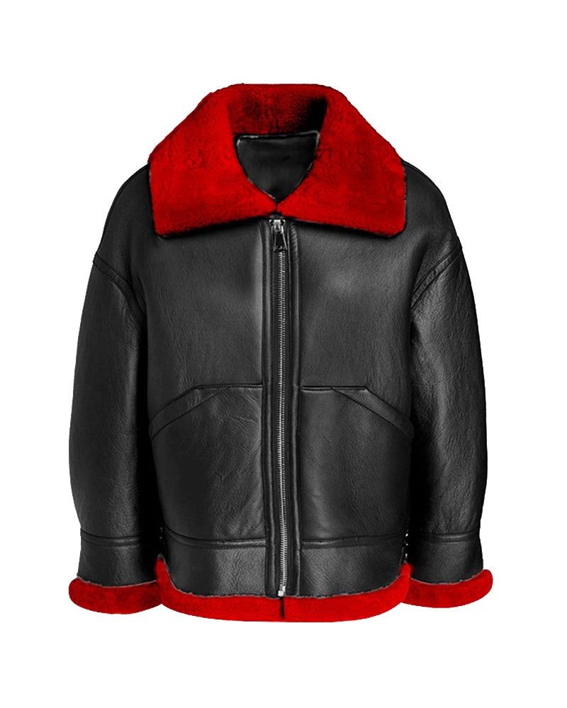 Women’s Black Aviator Leather Jacket with Red Shearling – Bold B3 Winter Style