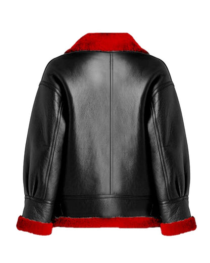 Women’s Black Aviator Leather Jacket with Red Shearling – Bold B3 Winter Style