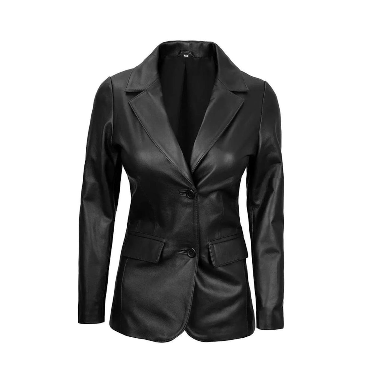 Women’s Black Leather Blazer – Premium 2-Button Tailored Genuine Leather Coat