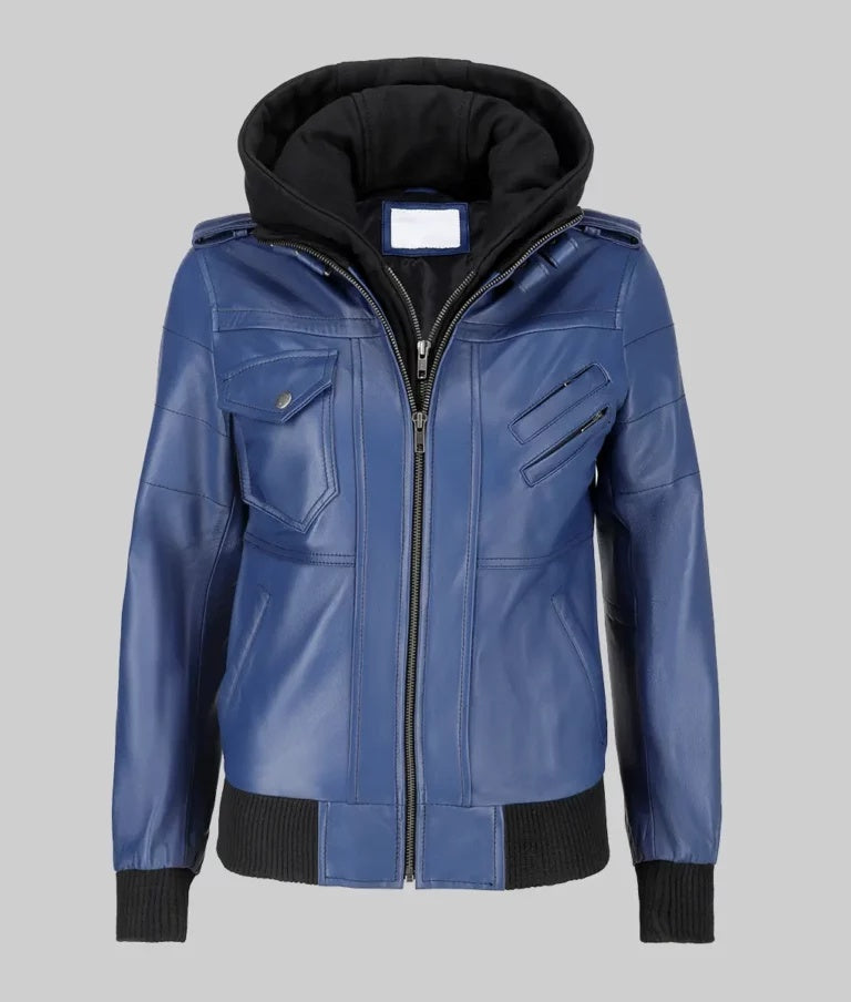Women’s Blue Leather Bomber Jacket with Removable Hoodie