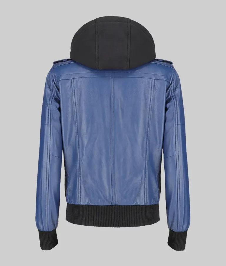 Women’s Blue Leather Bomber Jacket with Removable Hoodie