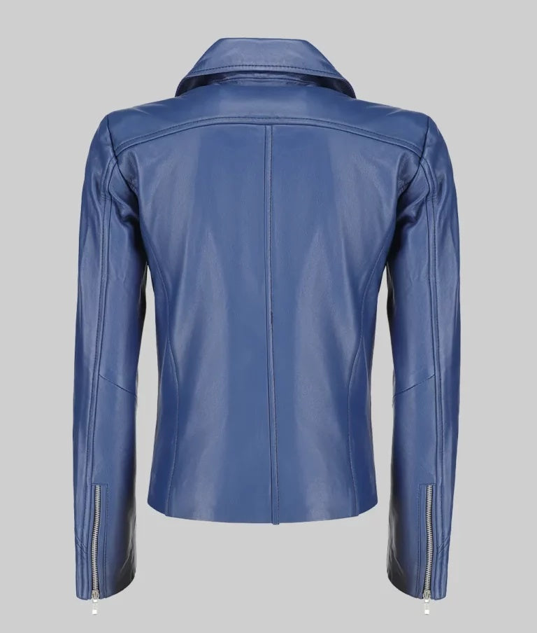 Women’s Blue Moto Asymmetrical Double Rider Leather Jacket