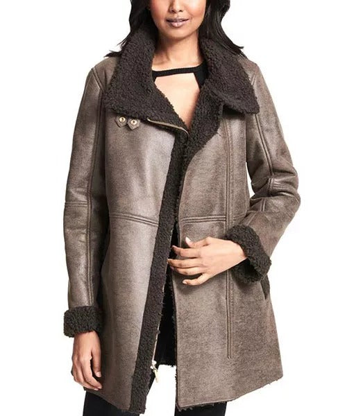 Women’s Brown Aviator Shearling Leather Coat
