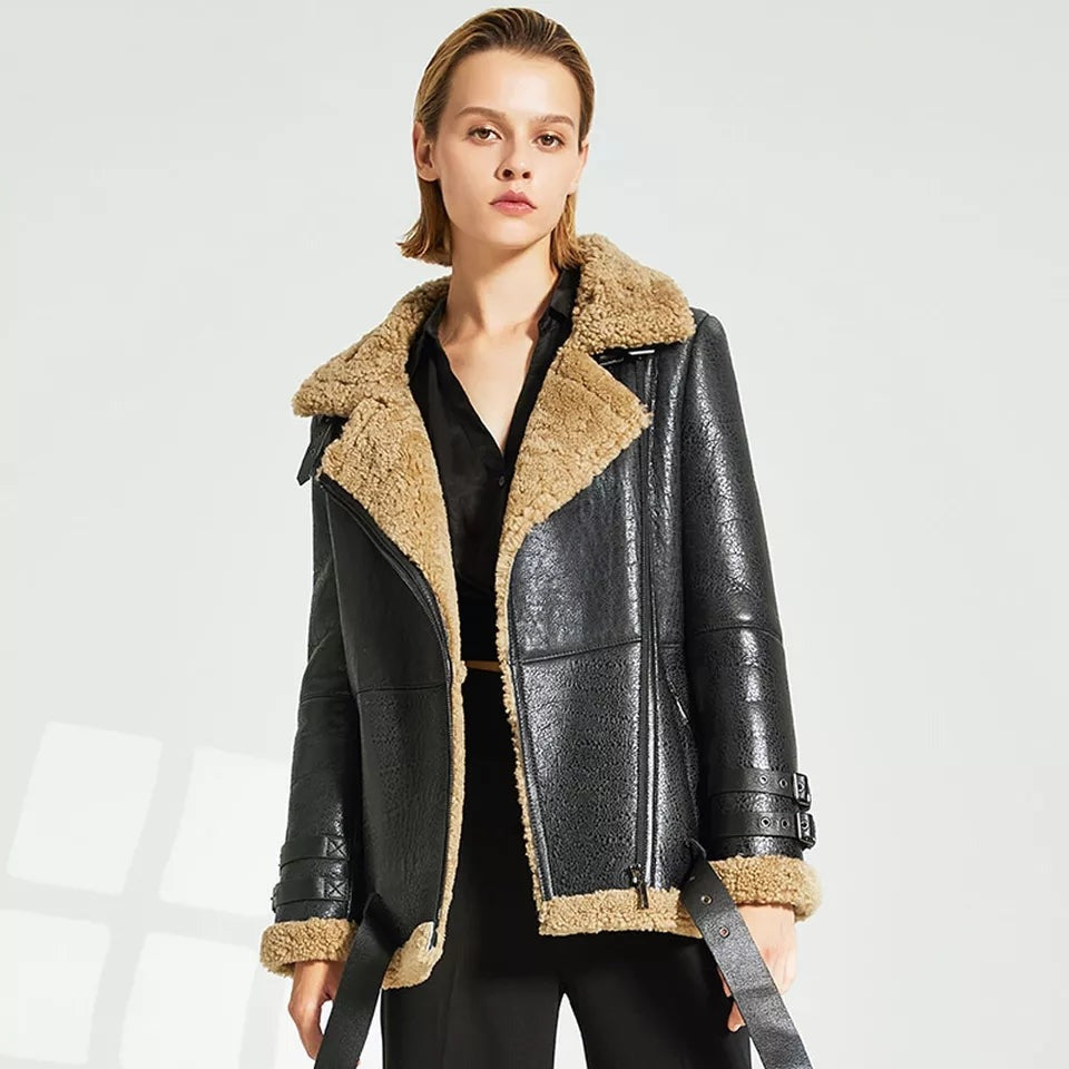 Women’s Brown Shearling Aviator Leather Jacket