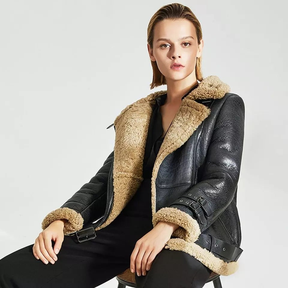 Women’s Brown Shearling Aviator Leather Jacket