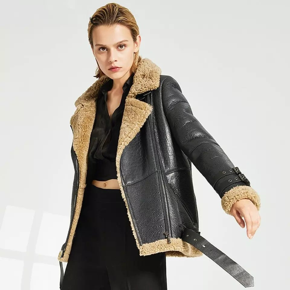 Women’s Brown Shearling Aviator Leather Jacket
