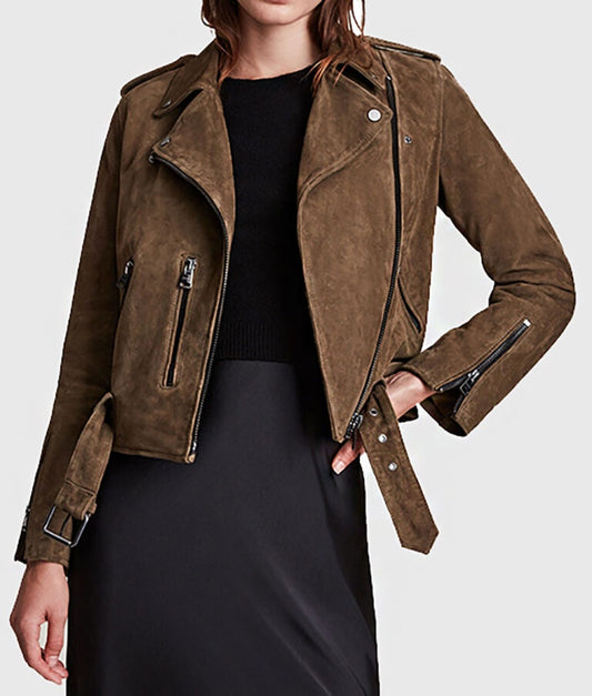 Women’s Brown Suede Biker Leather Jacket