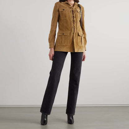 Women's camel brown western lace-up suede leather jacket