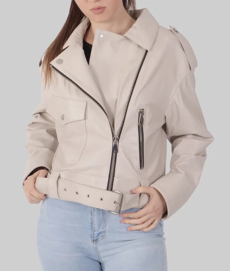 Women's Cream Genuine Leather Biker Jacket