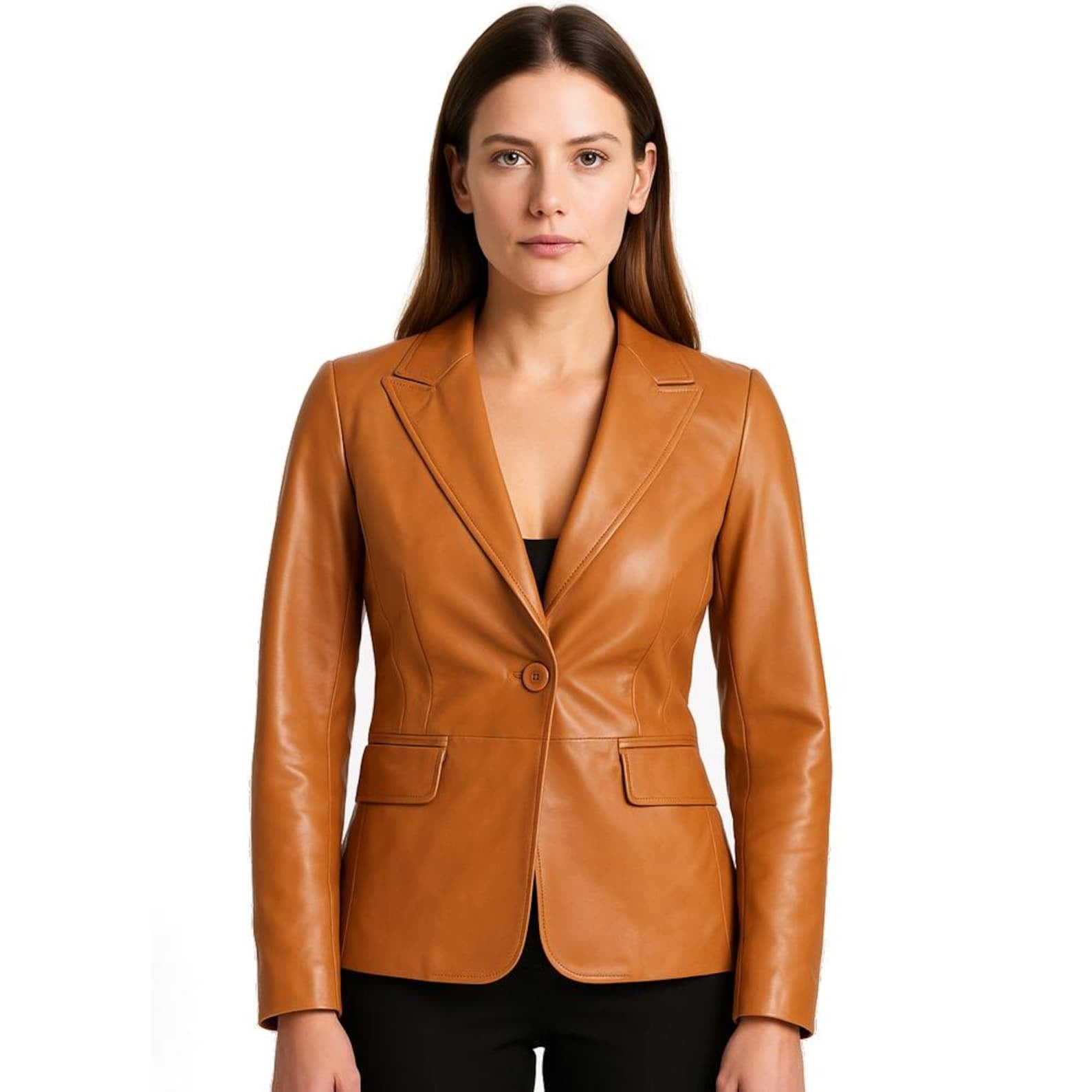 Women’s Genuine Sheepskin Leather Blazer – Tailored Camel Coat with Classic Elegance