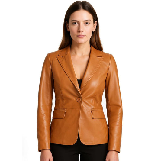Women’s Genuine Sheepskin Leather Blazer – Tailored Camel Coat with Classic Elegance