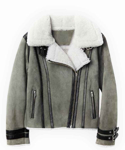 Women’s Grey Shearling Leather Jacket – Soft & Stylish Winter Outerwear