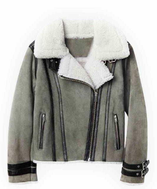 Women’s Grey Shearling Leather Jacket – Soft & Stylish Winter Outerwear
