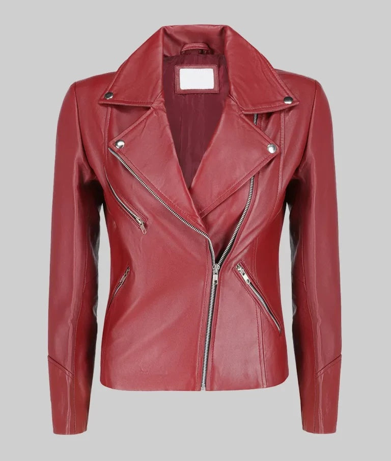 Women’s Maroon Asymmetrical Double Rider Genuine Leather Jacket