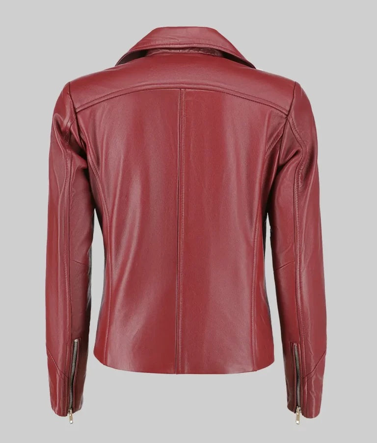 Women’s Maroon Asymmetrical Double Rider Genuine Leather Jacket
