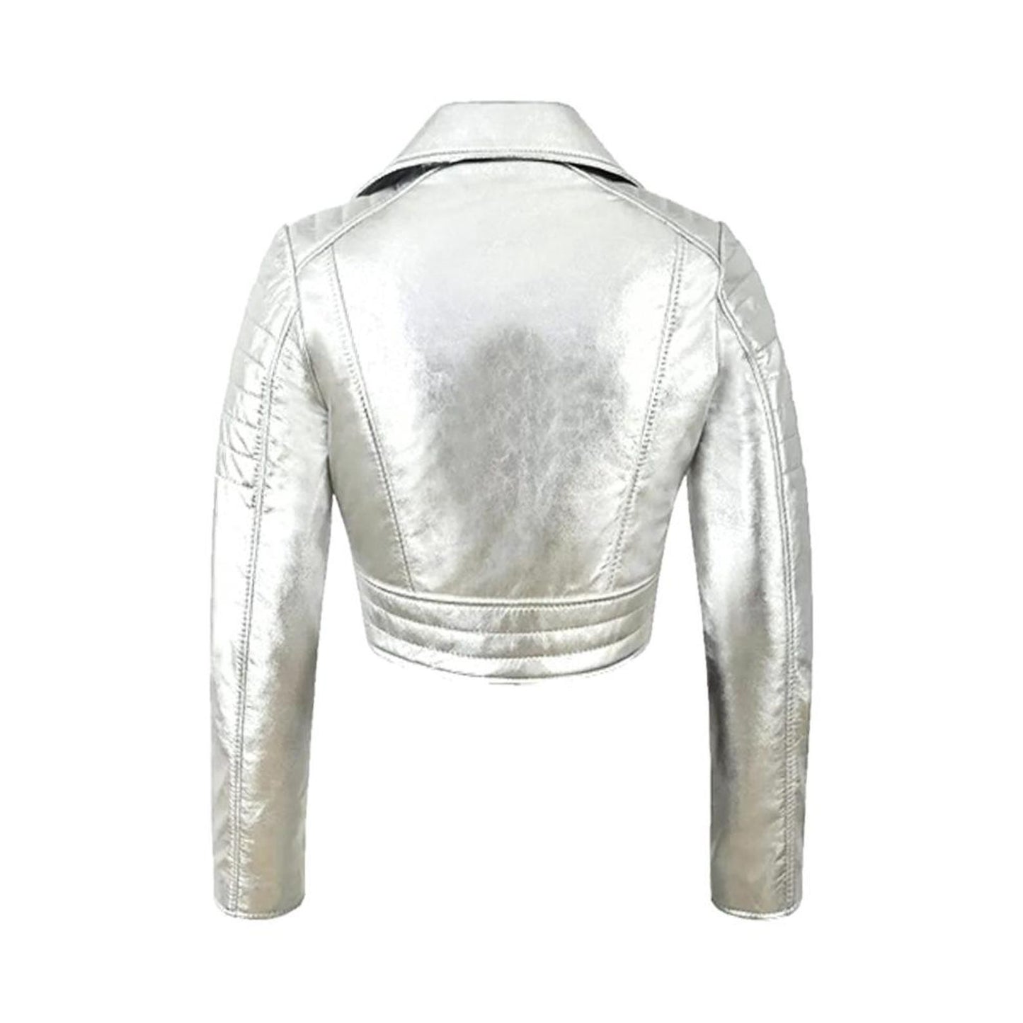 Women’s Metallic Silver Modern Biker Leather Jacket – Luxury Party Outerwear