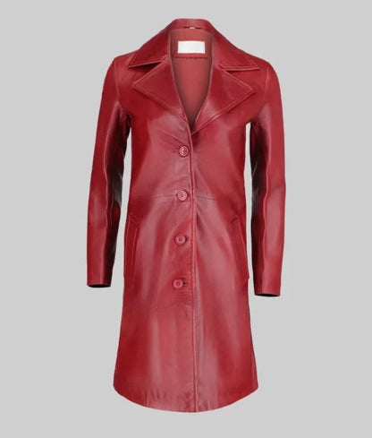 Women’s Minimalist Long Red Genuine Leather Trench Coat