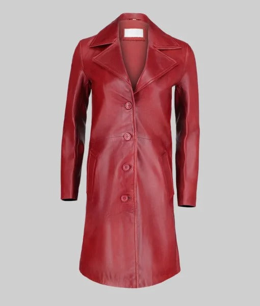 Women’s Minimalist Long Red Genuine Leather Trench Coat