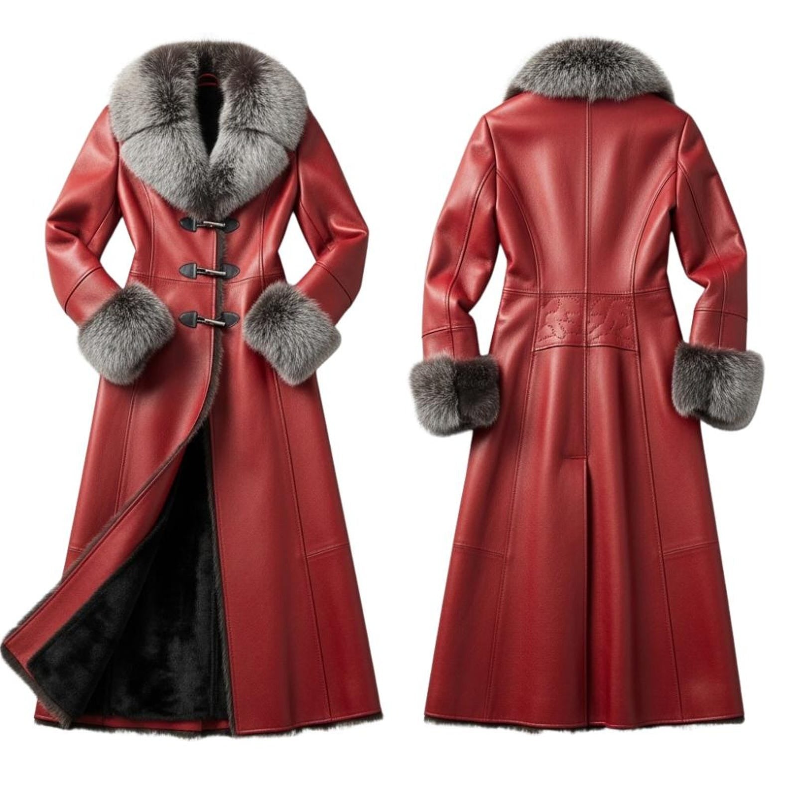 Women’s Red Leather Long Coat – Fur Collar Elegant Winter Outerwear