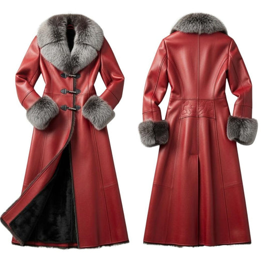 Women’s Red Leather Long Coat – Fur Collar Elegant Winter Outerwear