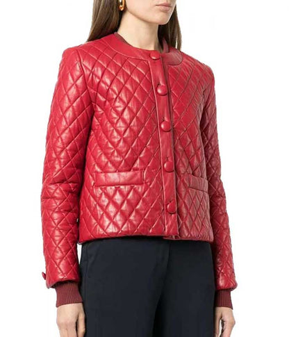 Women's Red Quilted Leather Jacket in Collarless