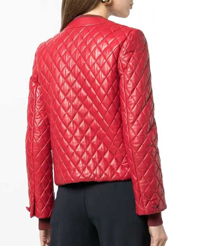 Women's Red Quilted Leather Jacket in Collarless