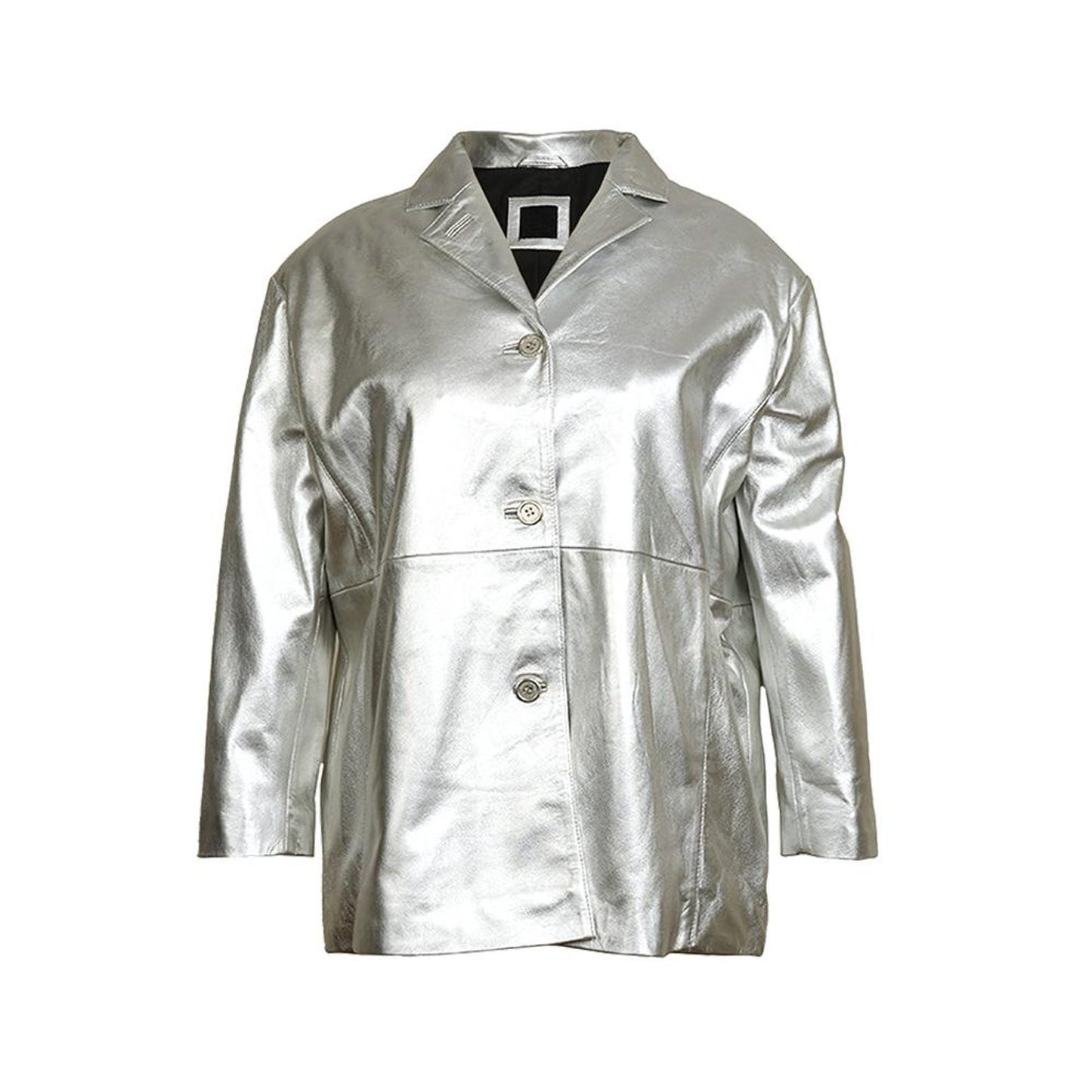 Women’s Silver Leather Blazer – Handmade Genuine Leather Jacket with Modern Shine