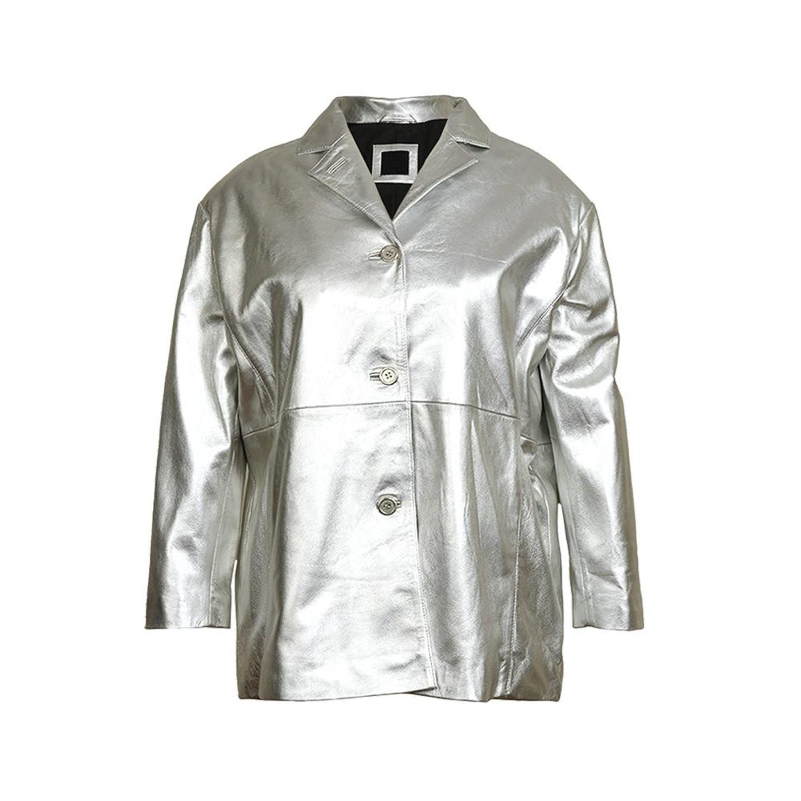 Women’s Silver Leather Blazer – Handmade Genuine Leather Jacket with Modern Shine